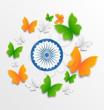 Illustration Butterflies in Traditional Tricolor of Indian Flag and Ashoka Wheel for Independence Day - Vector