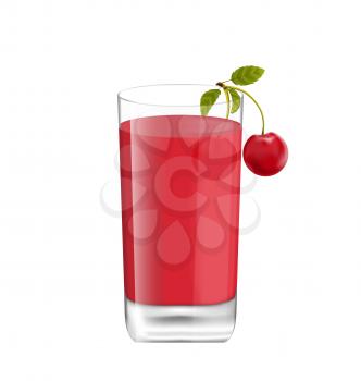 Illustration Juice in Glass with Two Cherries Isolated on White Background, Realistic Beverage - Vector