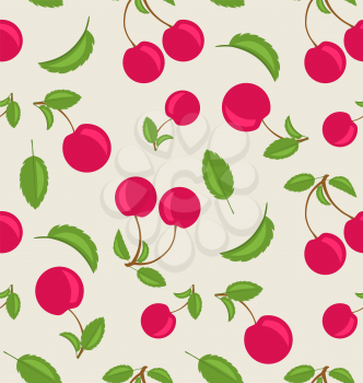 Illustration Vintage Seamless Wallpaper of Cherries with Green Leaves - Vector