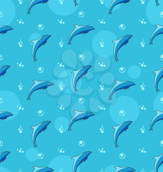 Illustration Seamless Texture with Dolphins, Sea Mammal Animals - Vector