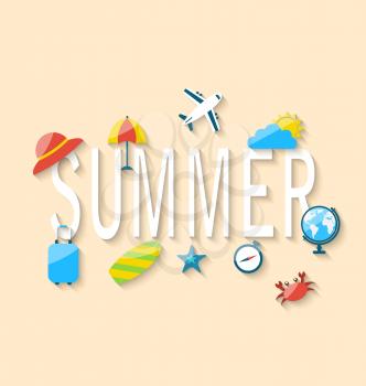 Illustration Travel Summer Background with Tourism Objects and Equipments, Colorful Flat Icons with Long Shadows - Vector