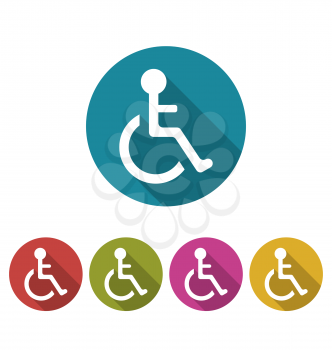Illustration Set Colorful Pictogram of Disabled in Wheelchair, Modern Design with Long Shadows - Vector