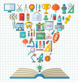 Illustration Set of Education Flat Colorful Simple Icons and Textbook - Vector