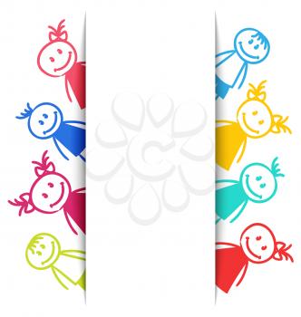 Illustration Hand-drawn Smiling Colorful Girls and Boys, Copy Space for Your Text - Vector