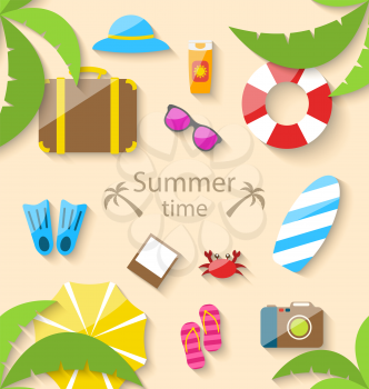 Illustration Summer Vacation Time with Flat Set Colorful Simple Icons - vector