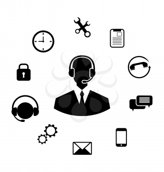 Illustration Concept of Help Desk Service, Call Center with Operator with Headset, Minimalistic Icons - Vector