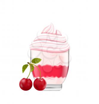 Illustration Ice Cream with Whipped Cream and Cherry, Isolated on White Background - Vector