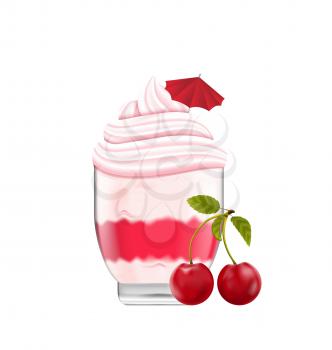 Illustration Ice Cream with Whipped Cream, Cherry and Umdrella, Isolated on White Background - Vector