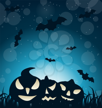 Illustration Halloween Spooky Dark Background with Carving Pumpkins and Bats - Vector
