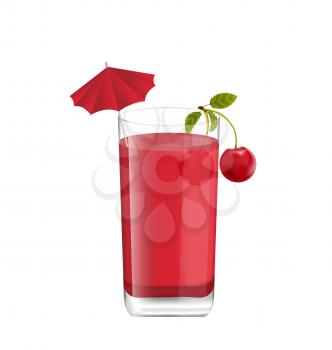 Illustration Juice in Glass with Two Cherries and Umbrella, Isolated on White Background, Photo Realistic Beverage - Vector