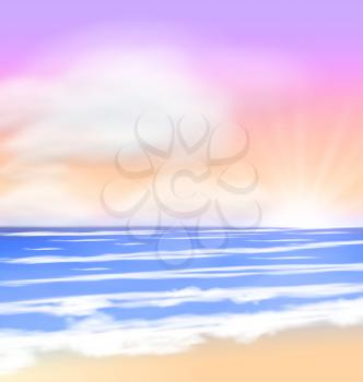 Sea Sunrise with Bright Sun Colorful Sky Fluffy Clouds - vector