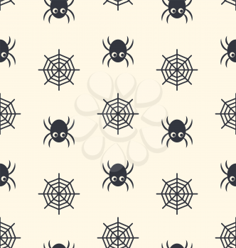 Seamless Pattern with Spider and Spider Web Black on Beige Background - vector