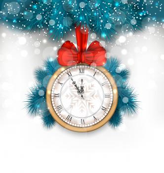 Illustration New Year Midnight Background with Clock and Fir Twigs - Vector