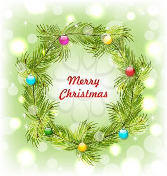 Illustration Christmas Wreath with Colorful Balls, Glitter Background - Vector