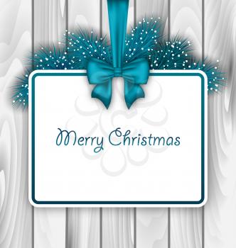 Illustration Merry Christmas Elegant Card with Bow Ribbon and Pine Branches, on Wooden Background - Vector