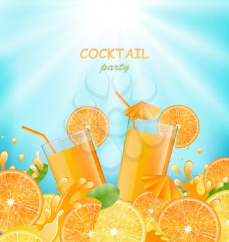 Illustration Abstract Banner for Cocktail Party with Sliced of Oranges, Lemons and Fresh Beverages - Vector
