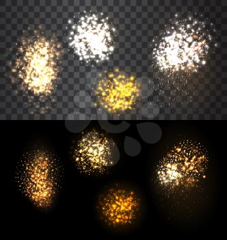 Abstract festive set firework bursting various shapes sparkling against isolated transparency checker and black  background  - vector illustration