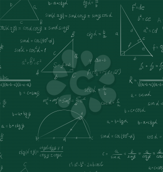 Seamless trigonometry pattern handwriting on green school board - vector