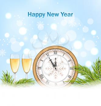 Illustration Happy New Year Background with Clock, Glasses of Champagne and Fir Twigs - Vector
