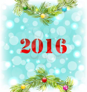 Illustration New Year Shiny Background with Wreath and Colorful Balls - Vector