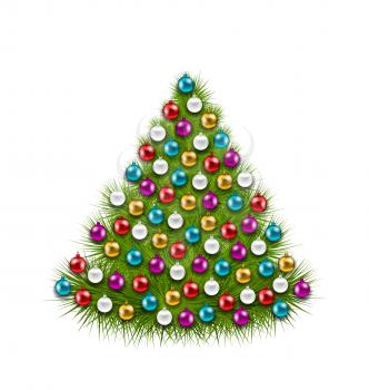 Illustration Christmas Tree Decorated Colorful Balls, Isolated on White Background - Vector