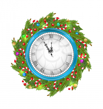 Illustration Christmas Wreath with Clock, New Year Decoration Isolated on White Background - Vector