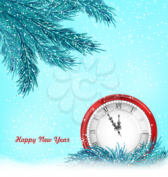 Illustration Happy New Year Background with Clock And Blue Fir Twigs - Vector