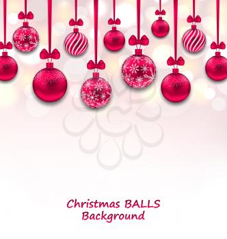 Illustration Christmas Background with Pink Glassy Balls with Bow Ribbon, Shiny Background - Vector