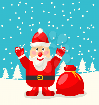 Jolly Christmas Santa Holding Up A Stack Of Presents In The Snow - vector
