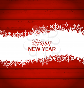 Illustration Happy New Year Framework Made of Snowflakes, Red Wooden Background - vector