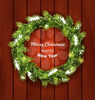 Illustration Christmas Wreath with Snow, New Year and Christmas Decoration on Wooden  Background - Vector