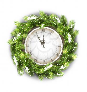 Illustration Christmas Wreath with Clock, New Year Decoration on White Background - Vector