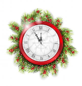 Illustration Christmas Fir Branches with Clock, New Year Decoration on White Background - Vector