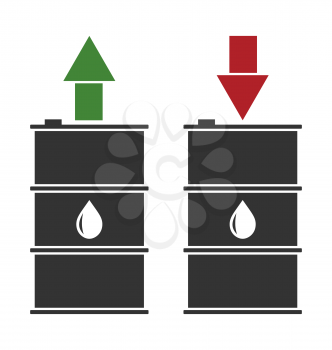 Illustration Black Oil Barrels with Green Red and Arrows on White Background, Concept of Oil Prices Up and Down - Vector