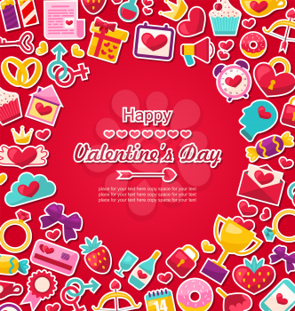Illustration Celebration Postcard for Valentine's Day. Flat Valentine Icons, Cupid Arrows, Love Letter, Gender Symbols, Present, Strawberry, Candy - Vector