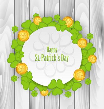 Illustration Greeting Card with Clovers and Golden Coins for St. Patrick's Day - Vector