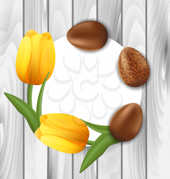 Illustration Greeting Card with Easter Chocolate Ornamental Eggs and Yellow Tulips Flowers on Wooden Background - vector
