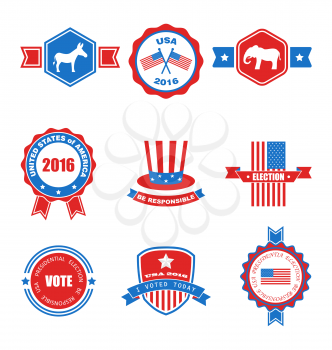 Set of Various Voting Graphics Objects and Labels, Emblems, Symbols, Icons and Badges for Vote USA. Templates and Design Elements. Isolated on White Background - Vector