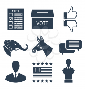 Illustration Elections, Campaign and Voting Set Signs. Symbols Vote of USA. Objects Isolated on White Background - Vector