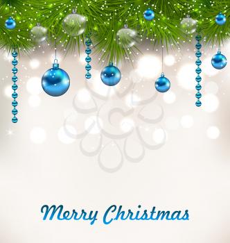 Illustration Christmas Shimmering Background with Fir Twigs and Glass Balls - vector