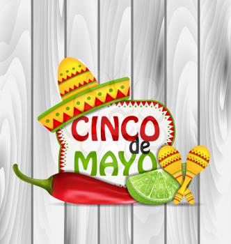Illustration Holiday Greeting Background for Cinco De Mayo with Chili Pepper, Sombrero Hat, Maracas, Piece of Lime - Vector