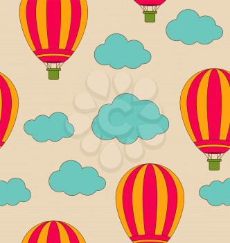 Illustration Retro Seamless Travel Pattern of Air Balloons and Clouds. Vintage Background - Vector