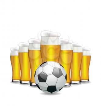 Illustration Glasses of Beer and Soccer Ball. Objects Isolated on White Background - Vector