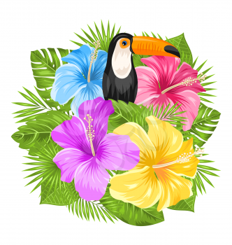 Illustration Beautiful Exotic Jungle Background with Toucan Bird, Colorful Hibiscus Flowers Blossom and Tropical Leaves, Isolated on White Background - Vector