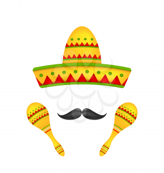 Illustration Mexican Symbols Sombrero Hat, Musical Maracas, Mustache. Colorful Objects Isolated on White background - Vector
