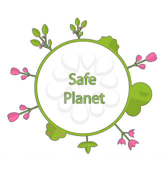 Drawing doodle frame in form circle green earth on surface tree, plant, flower and bush intro cry text safe planet - vector