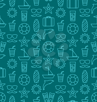 Illustration Seamless Texture with Hand Drawn Vocation Objects and Icons. Summer Pattern. Outline Style - Vector