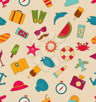 Illustration Seamless Pattern with Hand Drawn Travel Objects and Icons. Summer Colorful Texture. Vintage Style - Vector