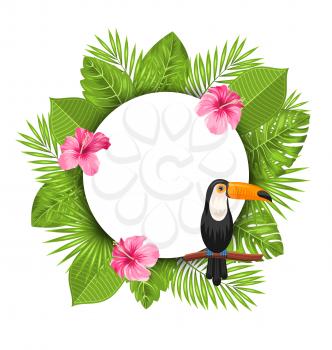 Illustration Clean Card with Pink Roses Mallow, Toucan Bird on Branch and Green Tropical Leaves - Vector