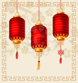 Illustration Background in Oriental Style with Chinese Lanterns. Ornamental Frame -Vector
